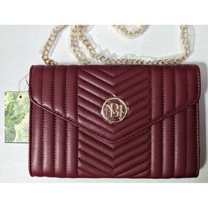 Badgley Mischka Wine Quilted Chain Crossbody Bag Chevron New Purse Logo Maroon